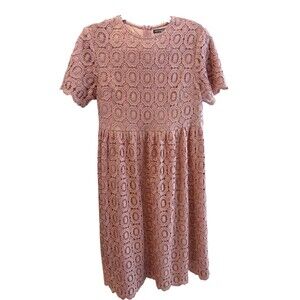 Mikarose Small Semi-Formal Dress Lined Pink Lace Overlay Short Sleeve No Slit